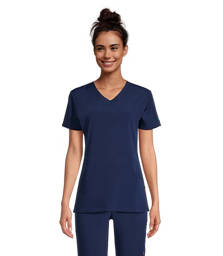 Women's V-Neck Athletic Kangaroo Pocket Scrub Top - Medieval Blue 4 Women's V-Neck Athletic Kangaroo Pocket Scrub Top - Medieval Blue - Image 2