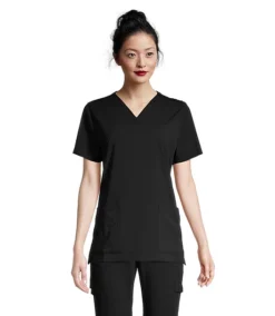 Women's Heart V Neck Solid Scrub Top - Black