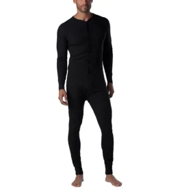 Men's Stretch Waffle Long Sleeve One Piece Baselayer - Black