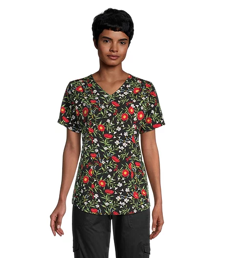 Women's V Neck Wild Flora Printed Scrup Top With Pleated Shoulders 4 Women's V Neck Wild Flora Printed Scrup Top With Pleated Shoulders - Image 2