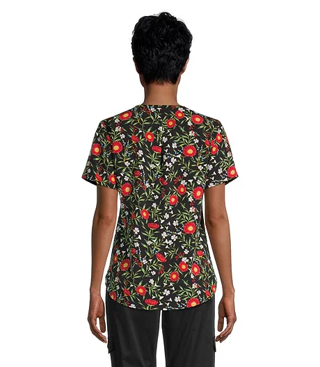 Women's V Neck Wild Flora Printed Scrup Top With Pleated Shoulders 3 Women's V Neck Wild Flora Printed Scrup Top With Pleated Shoulders