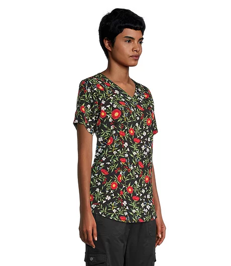 Women's V Neck Wild Flora Printed Scrup Top With Pleated Shoulders 5 Women's V Neck Wild Flora Printed Scrup Top With Pleated Shoulders - Image 3