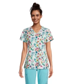 Women's V-Neck Print Scrub Top - Bold Bloom